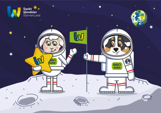 Die Maskottchen des Sankt Wendeler Landes, Wenda und Linus, stehen in Astronautenanzügen auf einem fremden Planeten im Weltraum. Die Maskottchen des Sankt Wendeler Landes, Wenda und Linus, stehen in Astronautenanzügen auf einem fremden Planeten im Weltraum.
